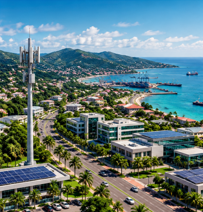Modern Caribbean coastal community with telecommunications and renewable-energy infrastructure